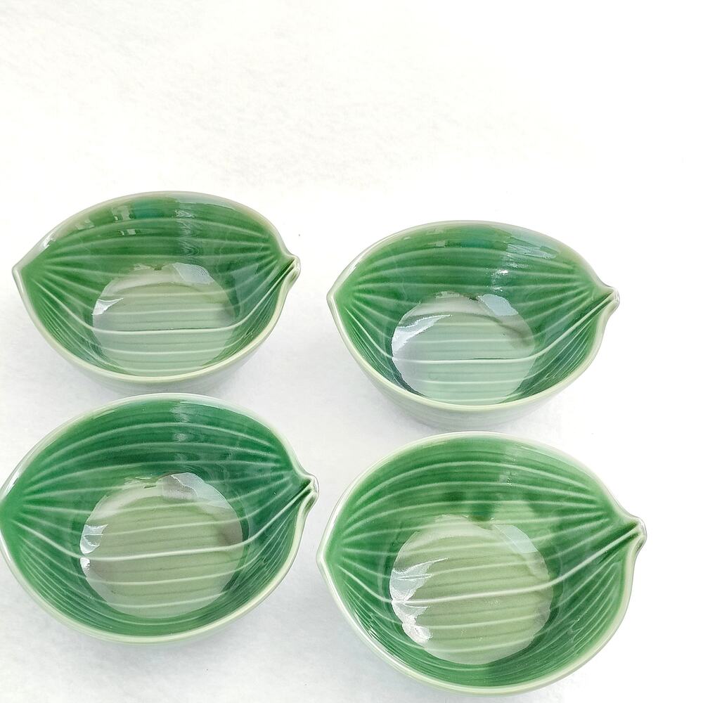 Vintage Green Lettuce Cabbage Leaf Glazed Bowls Dipping Sauce Pottery Set of 4